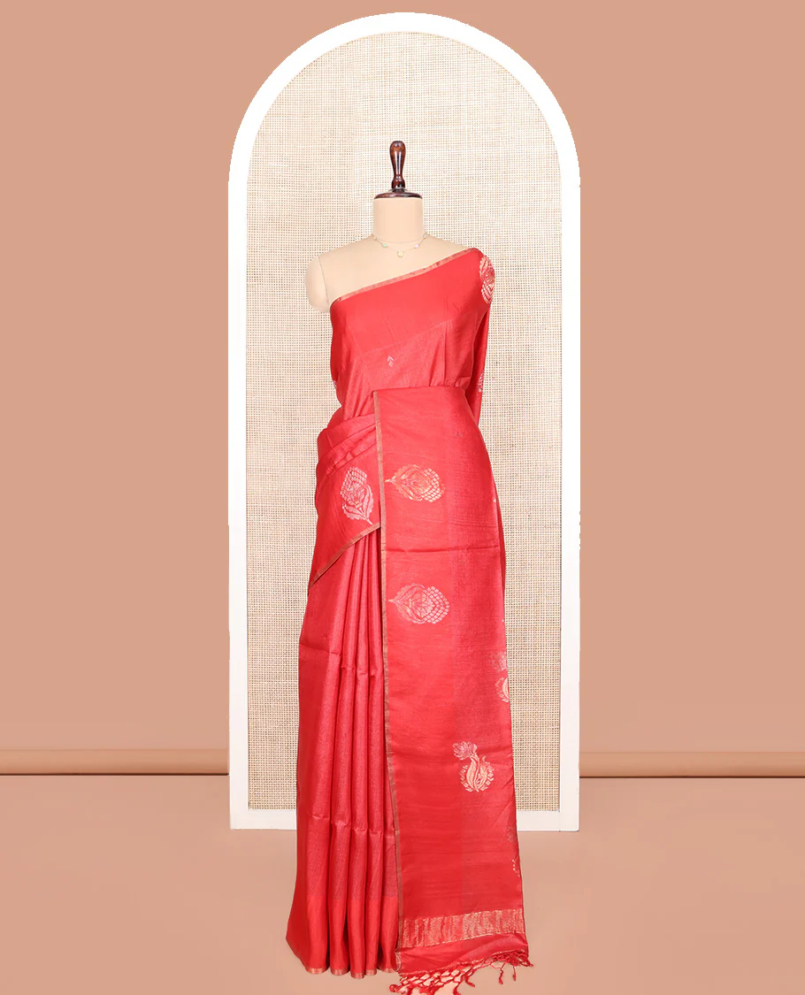 Borderless Red Tussar Silk Saree, Mesmerized with Zari Buttas on Its Body, Pallu Subtly Highlighted by Zari Buttas, and Paired with a Matching Blouse - Image 3