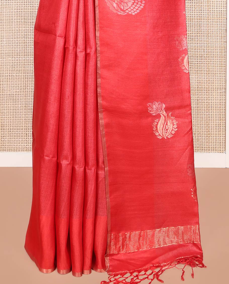 Borderless Red Tussar Silk Saree, Mesmerized with Zari Buttas on Its Body, Pallu Subtly Highlighted by Zari Buttas, and Paired with a Matching Blouse - Image 4