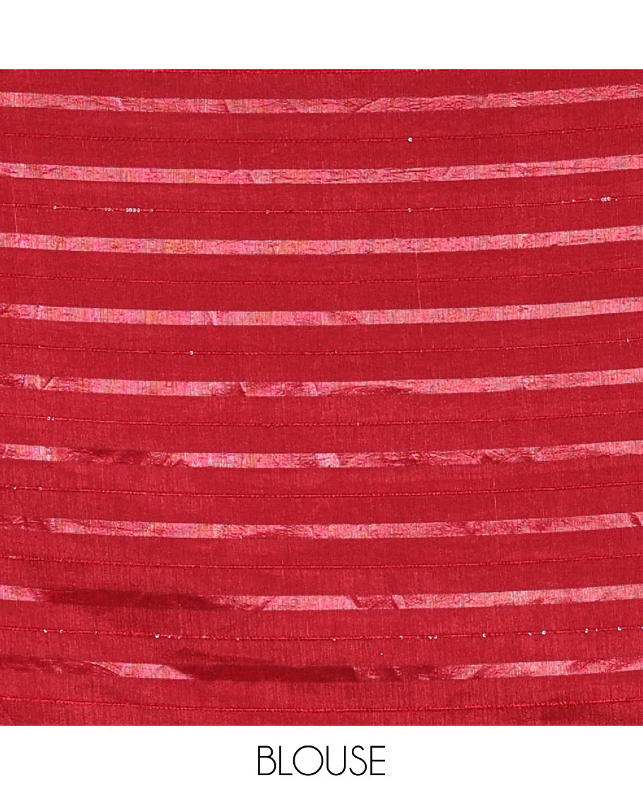Borderless Red Vichitra Silk Saree, Bedecked with Horizontal Stripes and Sequin Stripes, Paired with a Matching Blouse - Image 3