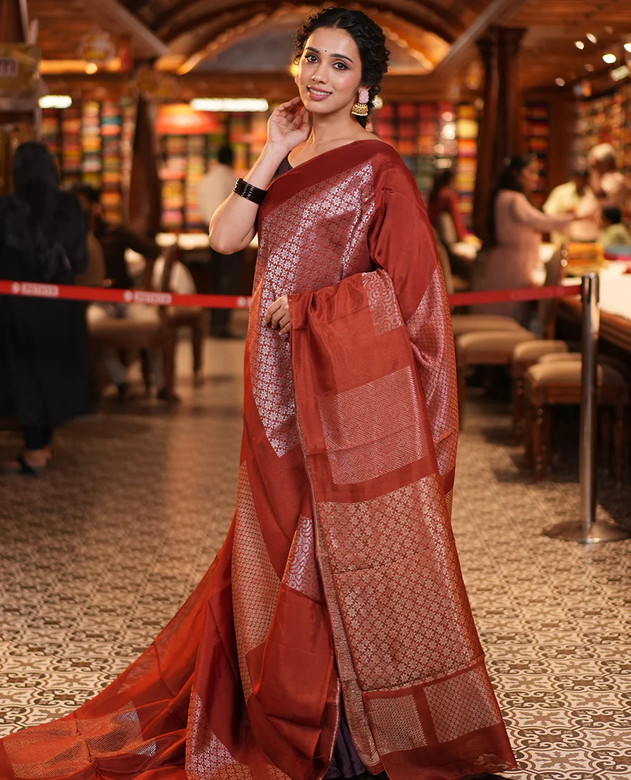 Borderless Rust Chanderi Cotton Saree, Steeped in the Richness of Zari Big Square Buttas All Over Its Body, Highlighted by Geometric Patterned Pallu and Paired with a Brocade Blouse