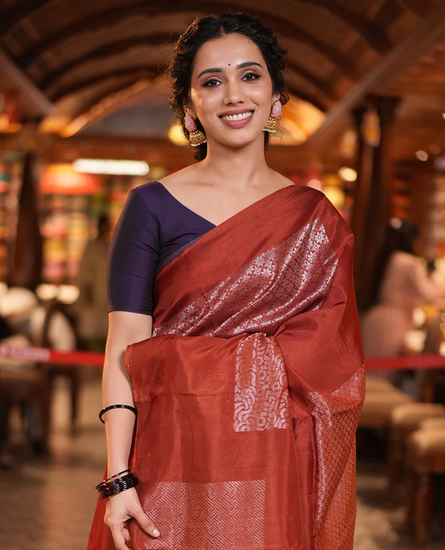 Borderless Rust Chanderi Cotton Saree, Steeped in the Richness of Zari Big Square Buttas All Over Its Body, Highlighted by Geometric Patterned Pallu and Paired with a Brocade Blouse - Image 2