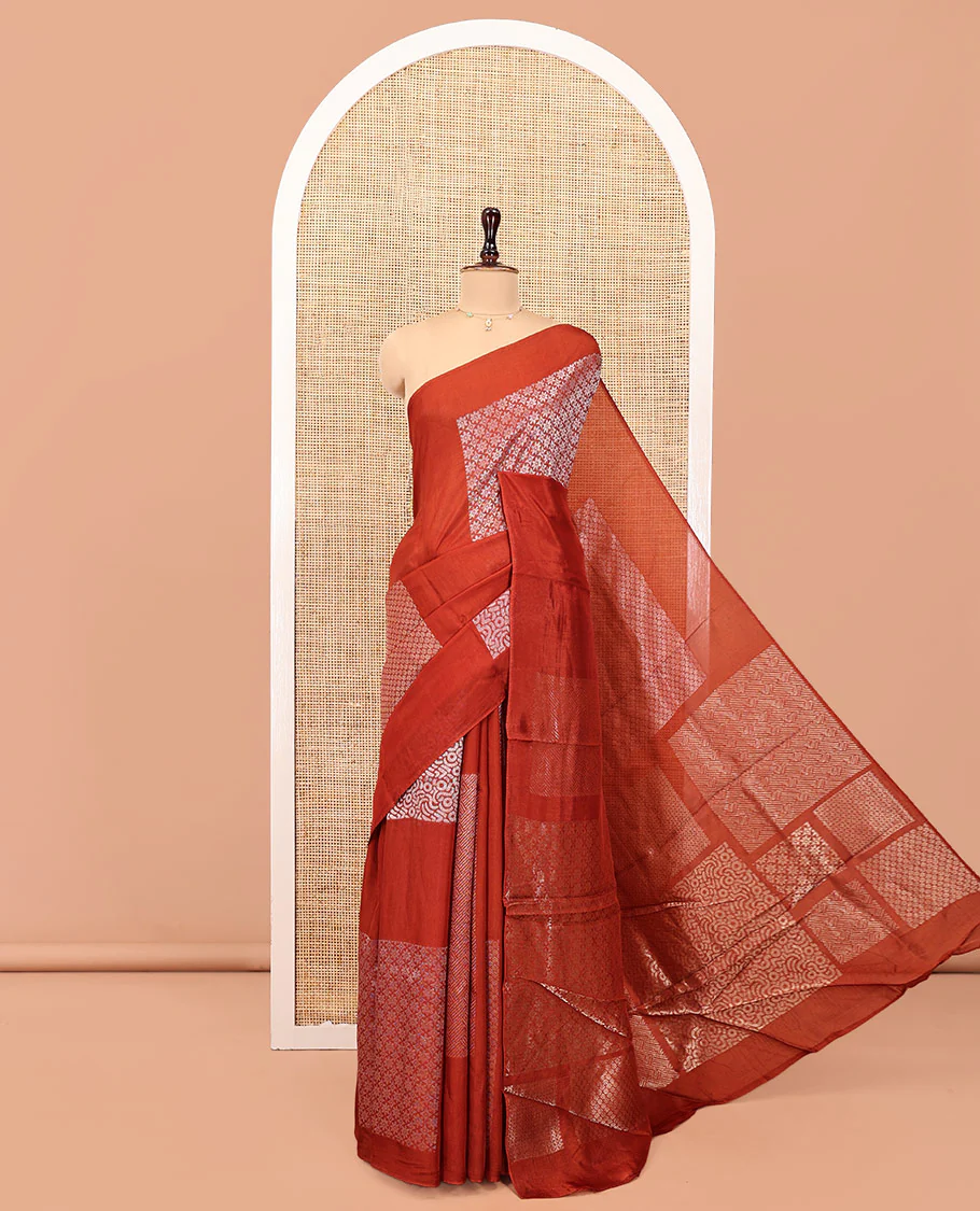 Borderless Rust Chanderi Cotton Saree, Steeped in the Richness of Zari Big Square Buttas All Over Its Body, Highlighted by Geometric Patterned Pallu and Paired with a Brocade Blouse - Image 3