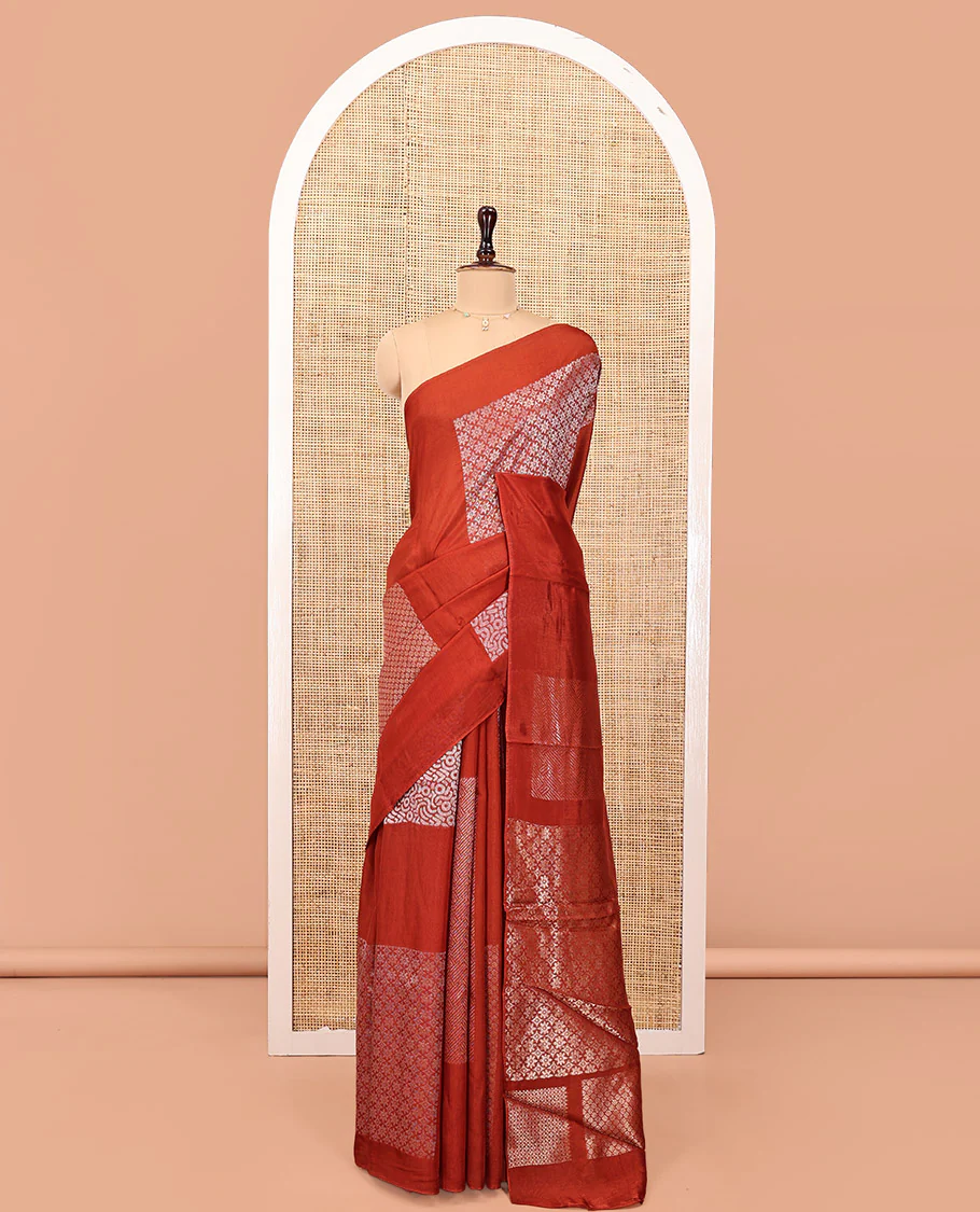 Borderless Rust Chanderi Cotton Saree, Steeped in the Richness of Zari Big Square Buttas All Over Its Body, Highlighted by Geometric Patterned Pallu and Paired with a Brocade Blouse - Image 5