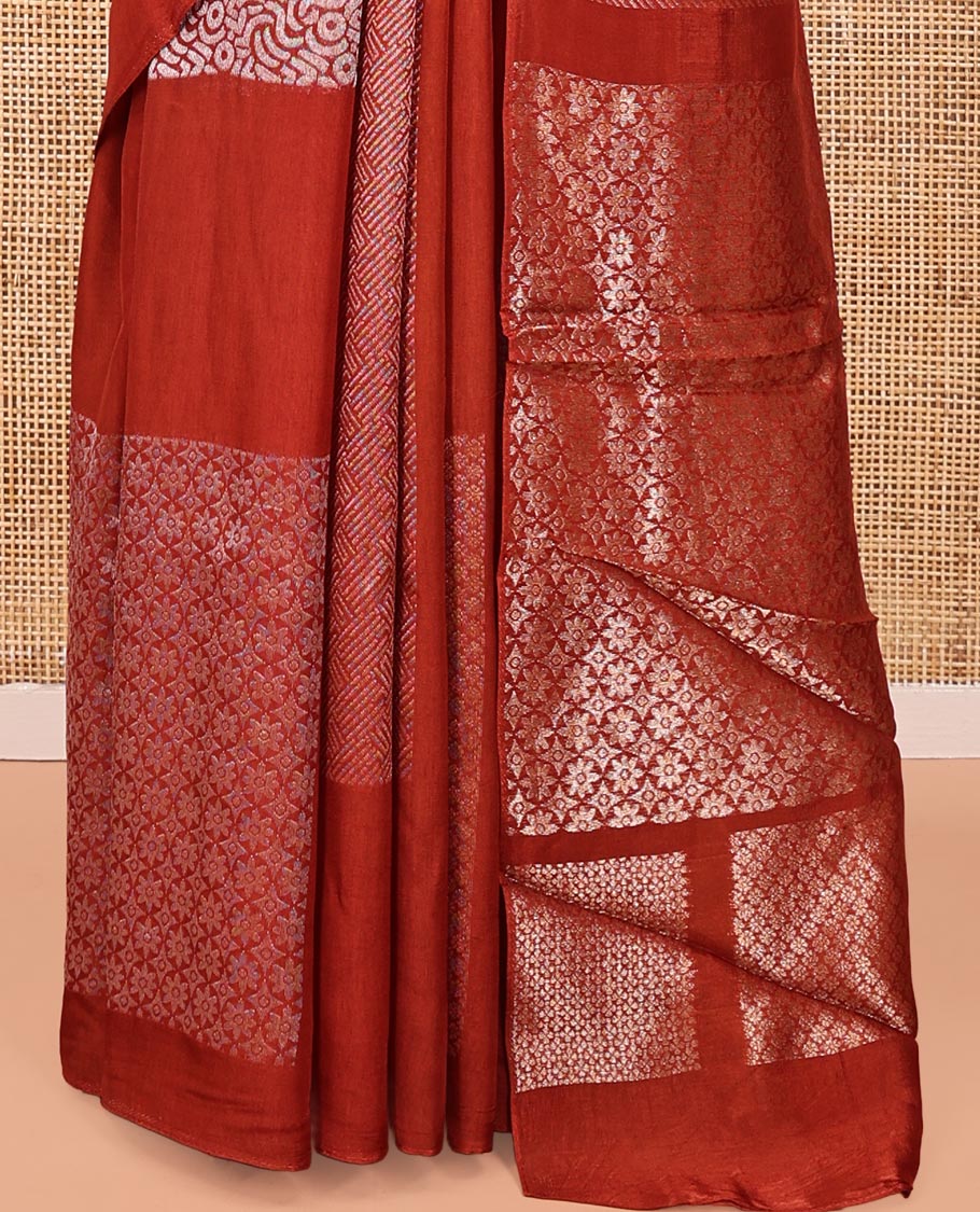 Borderless Rust Chanderi Cotton Saree, Steeped in the Richness of Zari Big Square Buttas All Over Its Body, Highlighted by Geometric Patterned Pallu and Paired with a Brocade Blouse - Image 6