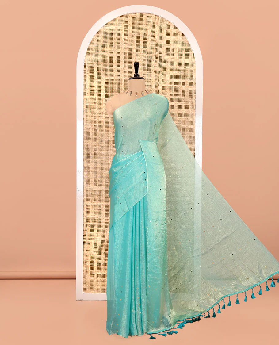 Borderless Sea Green Fendy Chiffon Saree, Gleamed Up with Sequin Work on Its Body, Highlighted by a Self-Pallu of Sequin Work, and Paired with a Matching Blouse