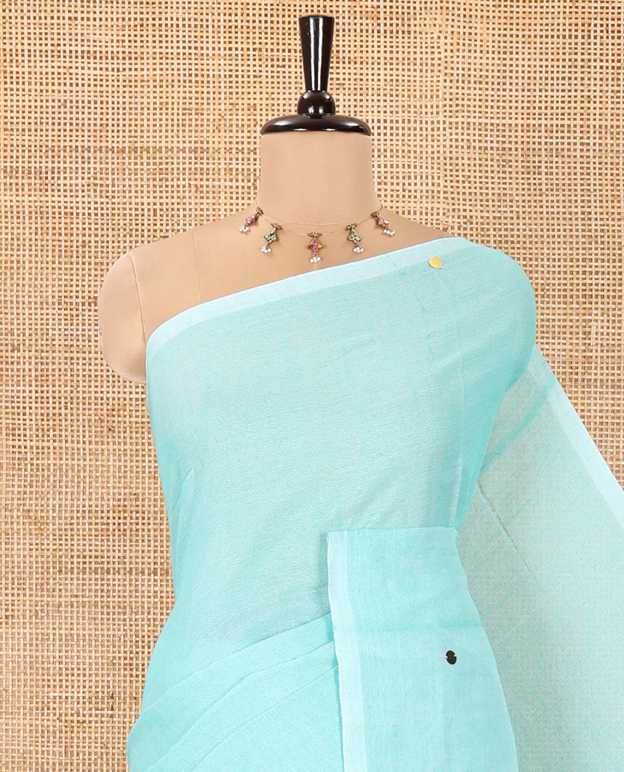 Borderless Sea Green Mul Cotton Saree, Subtly Sparkled With Big Sequins Work On Its Body, a Self-Pallu and Paired with a Matching Blouse - Image 2