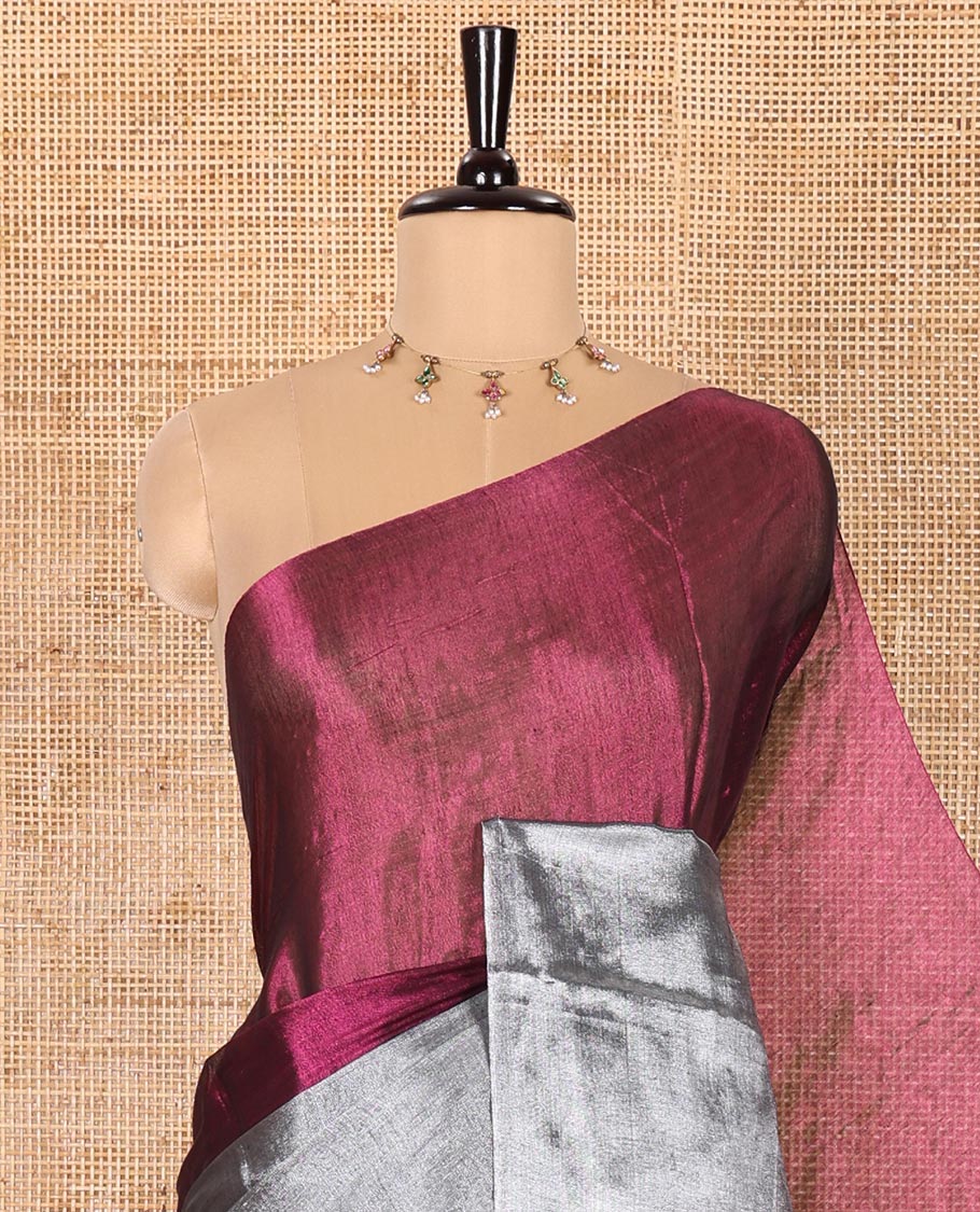 Borderless Silver-Magenta Half-And-Half Khadi Tissue Saree, Subtly Sparkling Plain Pallu, and Paired with a Mayching Blouse - Image 2