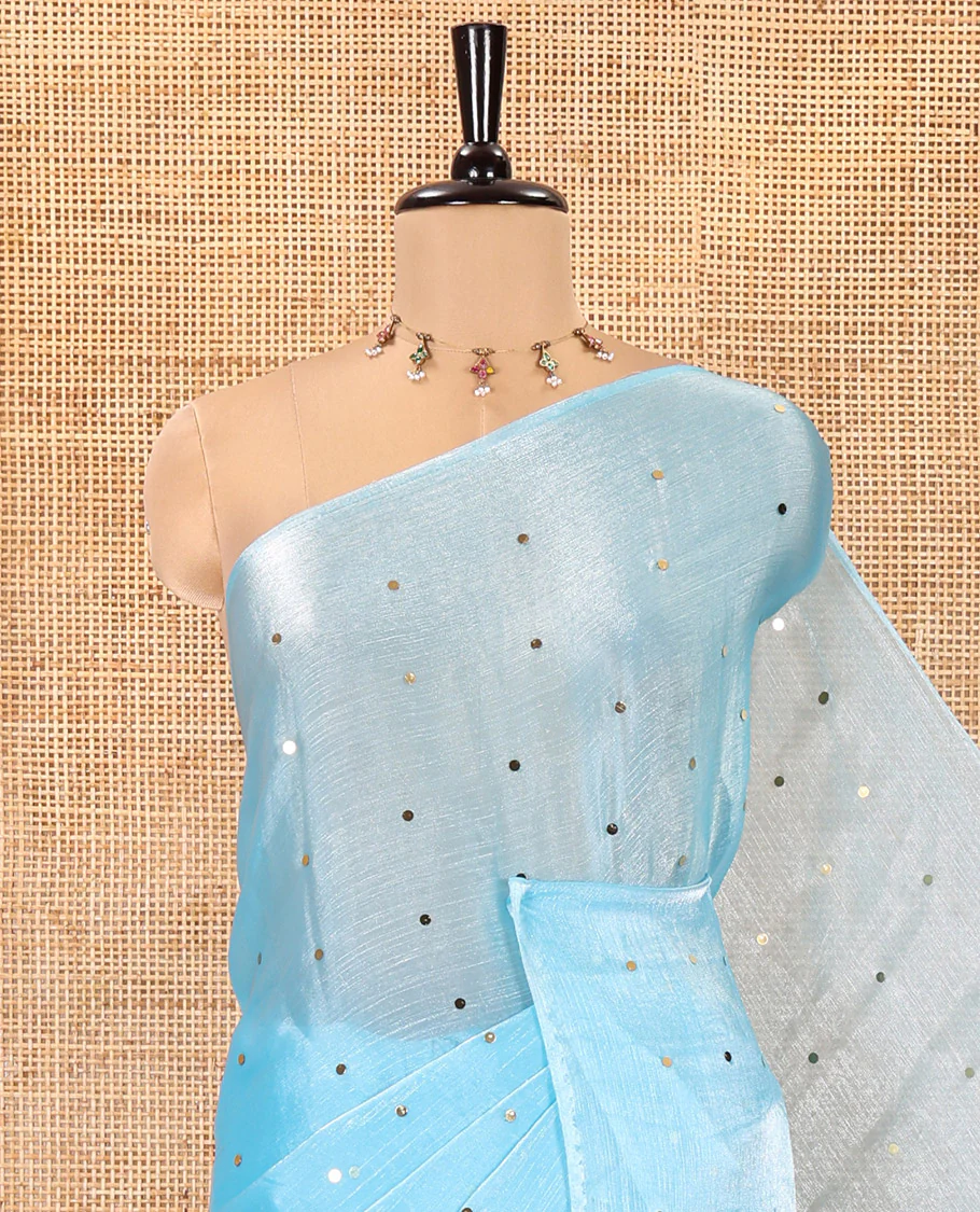 Borderless Sky Blue Fendy Chiffon Saree, Gleamed Up with Sequin Work on Its Body, Highlighted by a Self-Pallu of Sequin Work, and Paired with a Matching Blouse - Image 2