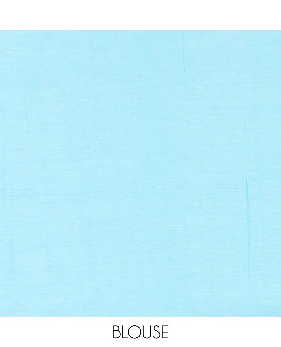 Borderless Sky Blue Khadi Mul Cotton Saree, Artfully Designed with Heart Motifs Embroidery Across Its Body, Pallu mirrors the Same Design, and Paired with a Matching Blouse - Image 3
