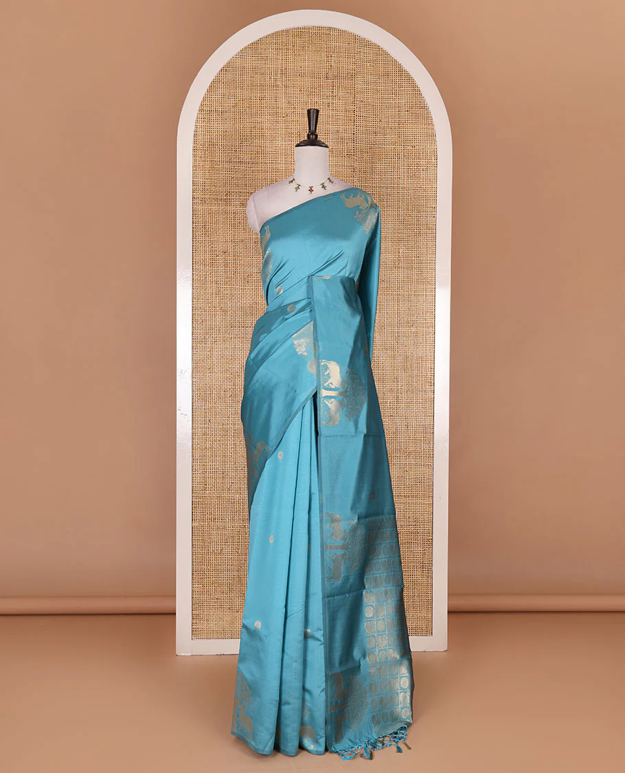 Borderless sky blue peacock, chakra, and pichwai cow buttas zari woven kanchi silk saree, peacock and chakra enclosed checked pallu, and matching blouse - Image 2