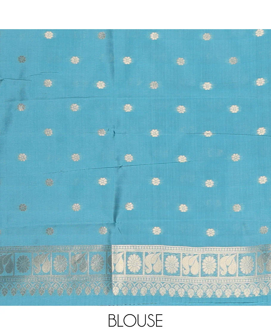 Borderless sky blue peacock, chakra, and pichwai cow buttas zari woven kanchi silk saree, peacock and chakra enclosed checked pallu, and matching blouse - Image 4