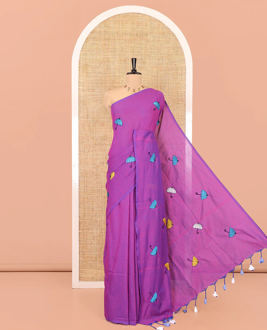 Borderless Violet Khadi Cotton Saree, Delicately Woven with Umbrella Motifs, Thread Embroidered on Its Body, a Self-Pallu, and Paired with a Matching Blouse
