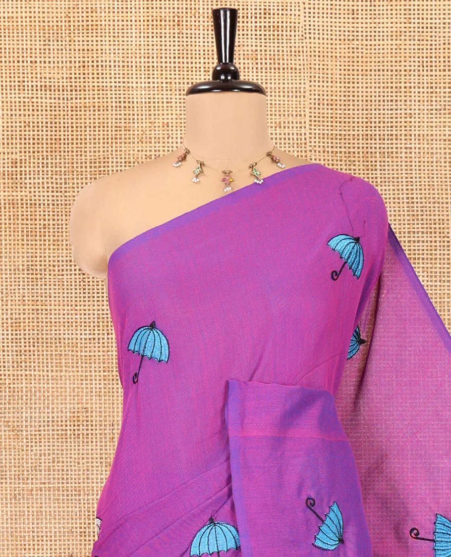 Borderless Violet Khadi Cotton Saree, Delicately Woven with Umbrella Motifs, Thread Embroidered on Its Body, a Self-Pallu, and Paired with a Matching Blouse - Image 2