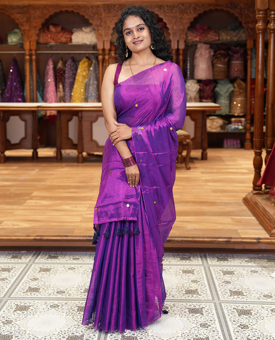 Borderless violet mirror work khadi tissue saree, mirror work pallu, and a matching blouse - Image 3