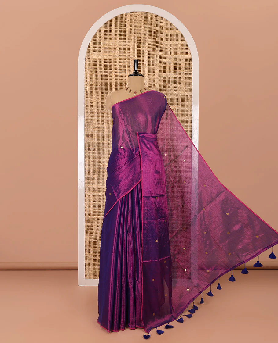 Borderless violet mirror work khadi tissue saree, mirror work pallu, and a matching blouse - Image 4