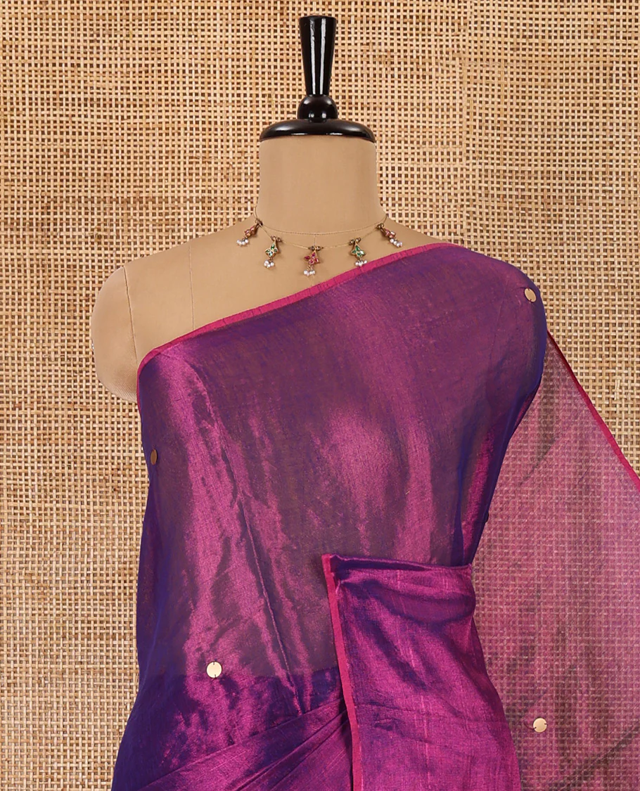 Borderless violet mirror work khadi tissue saree, mirror work pallu, and a matching blouse - Image 5