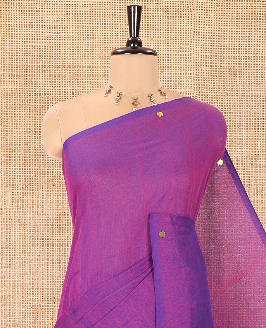 Borderless Violet Mul Cotton Saree, Subtly Sparkled With Big Sequins Work On Its Body, a Self-Pallu and Paired with a Matching Blouse - Image 2