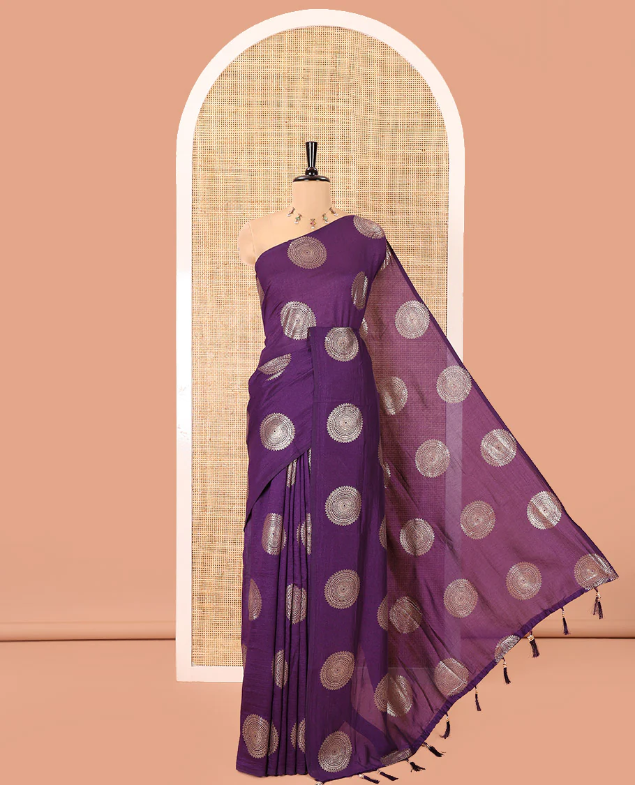 Borderless Violet Vichitra Saree Features Rangoli-Style Round Buttas Foil Print and a Contrast Sequins Embroidered Blouse
