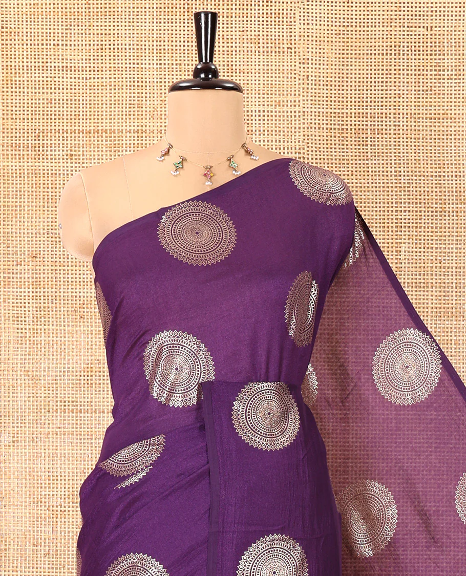Borderless Violet Vichitra Saree Features Rangoli-Style Round Buttas Foil Print and a Contrast Sequins Embroidered Blouse - Image 2