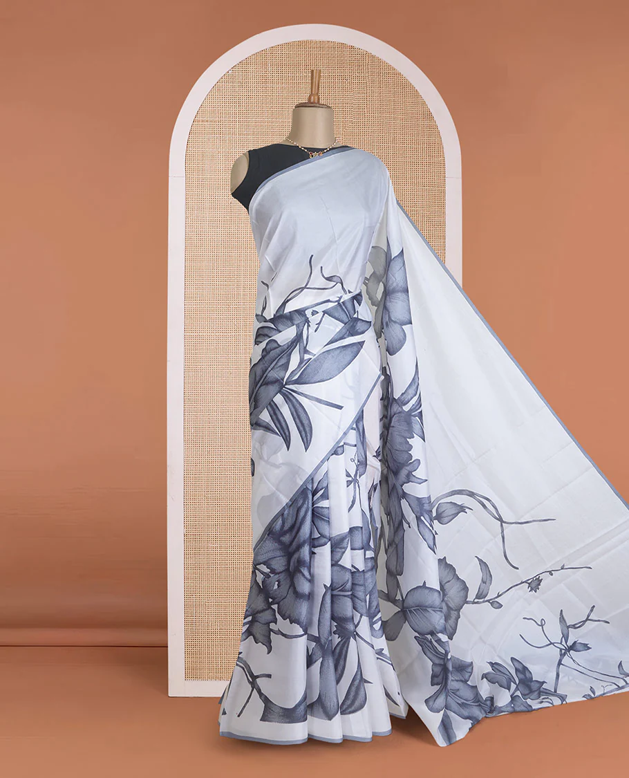 Borderless white and grey floral motifs printed silk saree, floral design pallu - Image 2