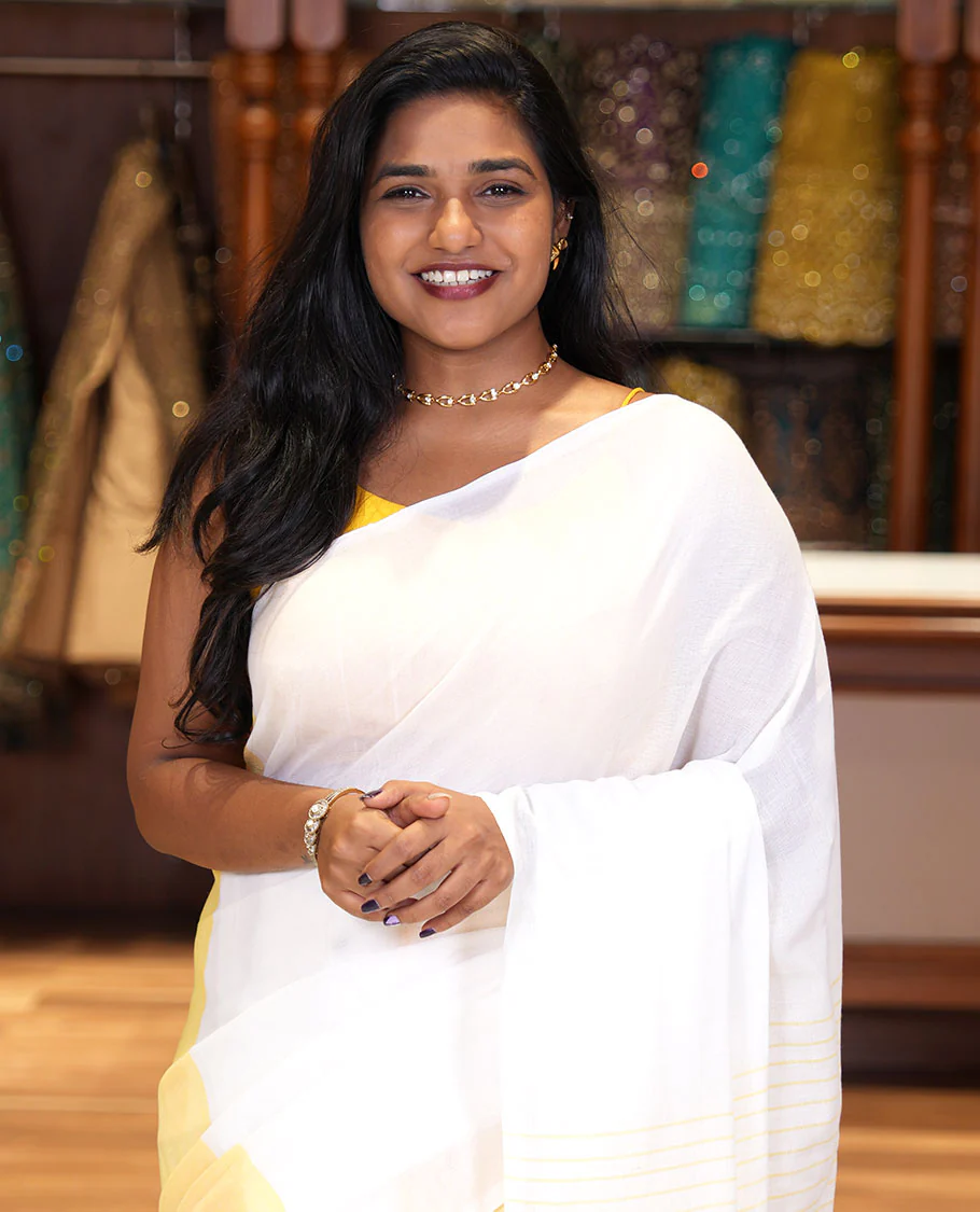 Borderless White and Pastel Yellow Plain Khadi Mul Cotton Saree, Self-Pallu Steeped with Stripes, and Paired with a Plain Blouse - Image 2