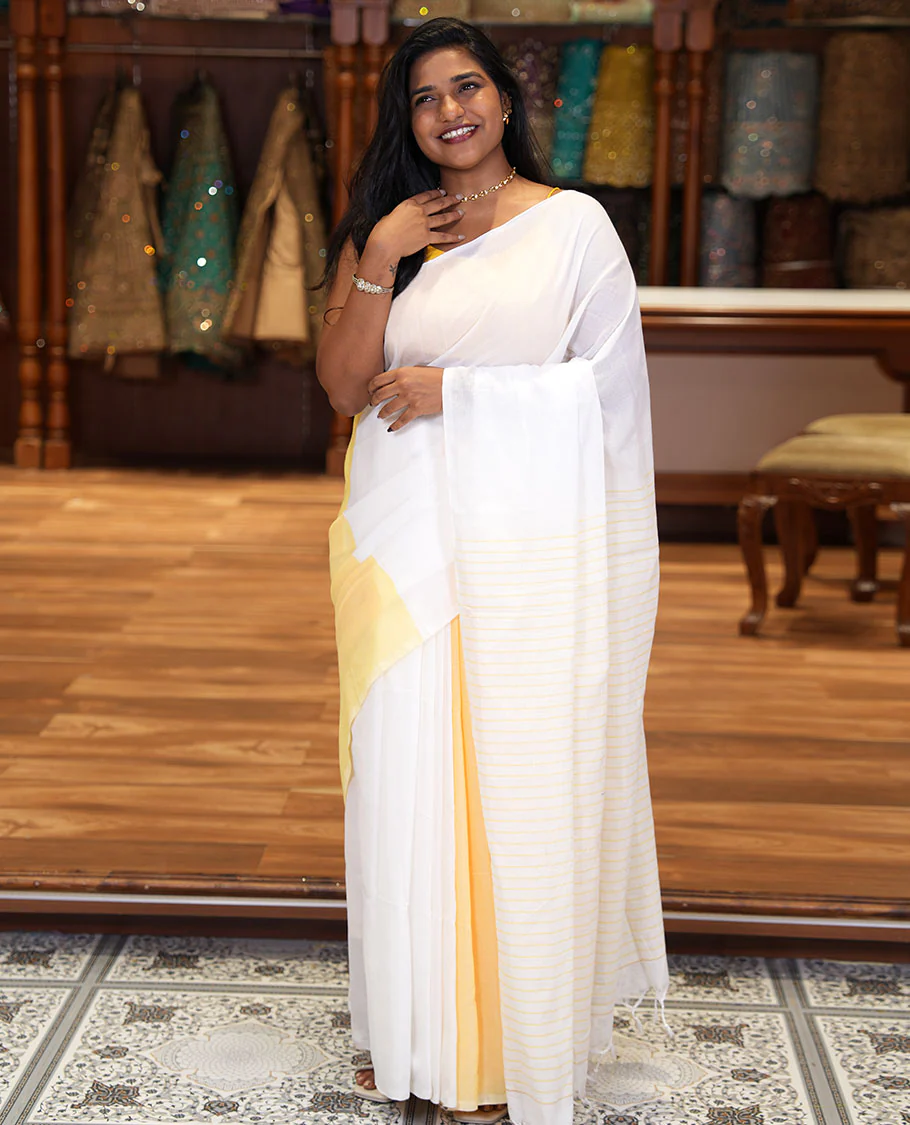 Borderless White and Pastel Yellow Plain Khadi Mul Cotton Saree, Self-Pallu Steeped with Stripes, and Paired with a Plain Blouse - Image 3