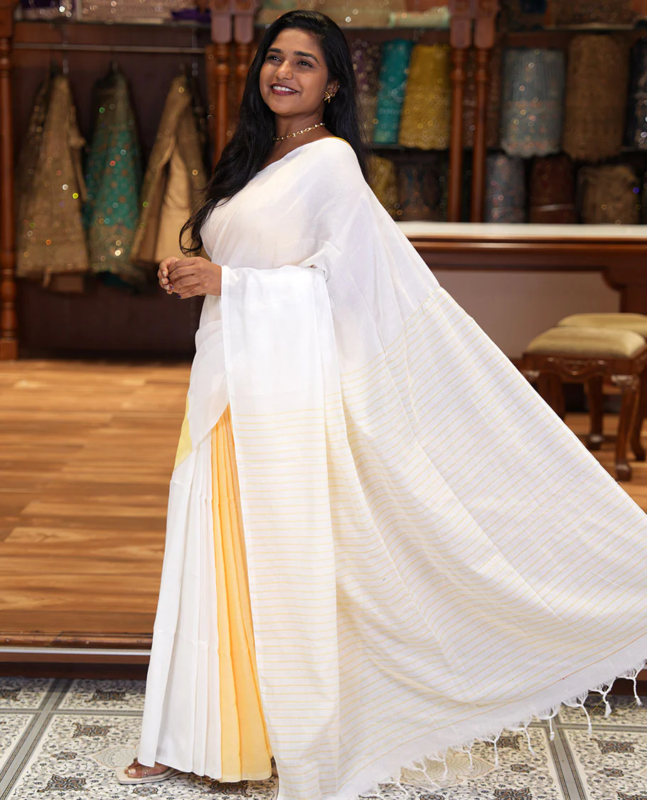 Borderless White and Pastel Yellow Plain Khadi Mul Cotton Saree, Self-Pallu Steeped with Stripes, and Paired with a Plain Blouse - Image 4