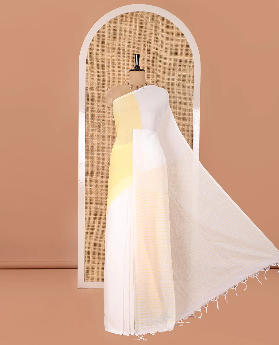 Borderless White and Pastel Yellow Plain Khadi Mul Cotton Saree, Self-Pallu Steeped with Stripes, and Paired with a Plain Blouse - Image 5