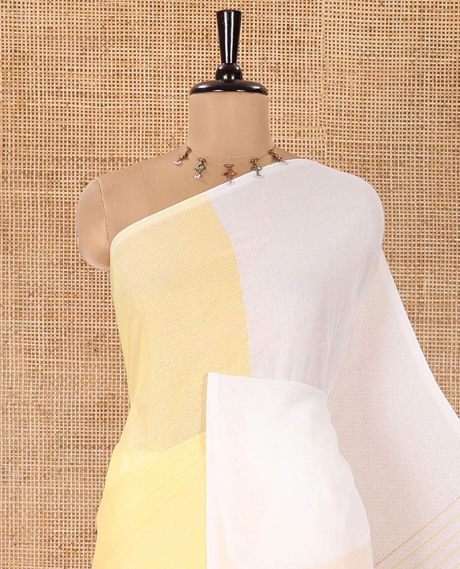 Borderless White and Pastel Yellow Plain Khadi Mul Cotton Saree, Self-Pallu Steeped with Stripes, and Paired with a Plain Blouse - Image 6
