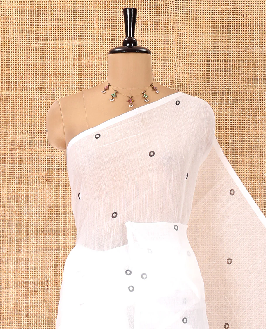 Borderless White Linen Cotton Saree, Adorned with Polka Dot Print, Contrast Geometric Printed Pallu, and Paired with a Contrast Blouse - Image 2