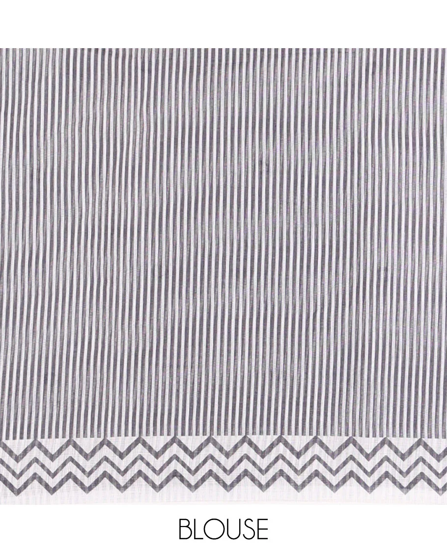 Borderless White Linen Cotton Saree, Adorned with Polka Dot Print, Contrast Geometric Printed Pallu, and Paired with a Contrast Blouse - Image 3