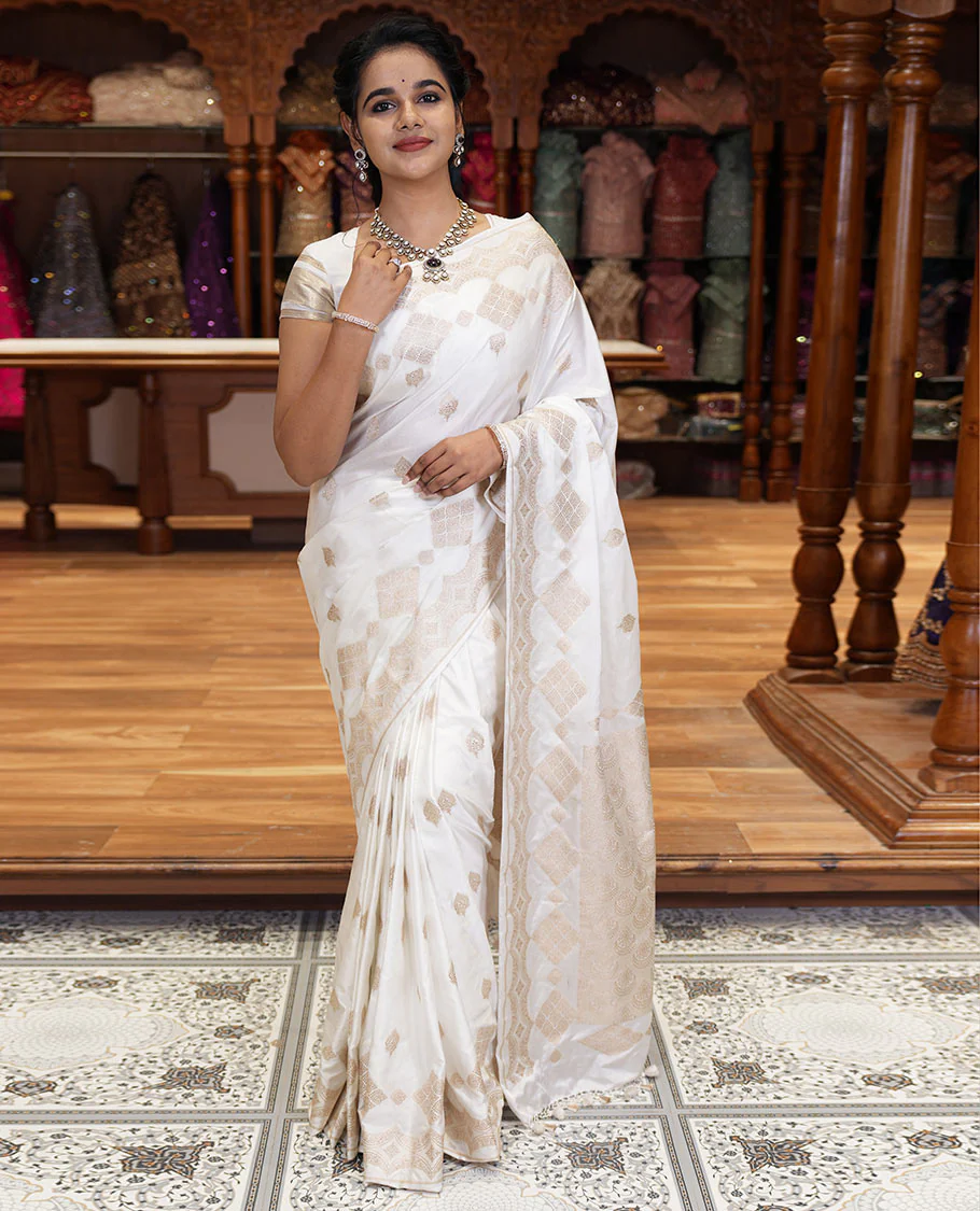 Borderless white zari buttas and diamond buttas mushru silk saree, intricately designed pallu, and a matching blouse - Image 2