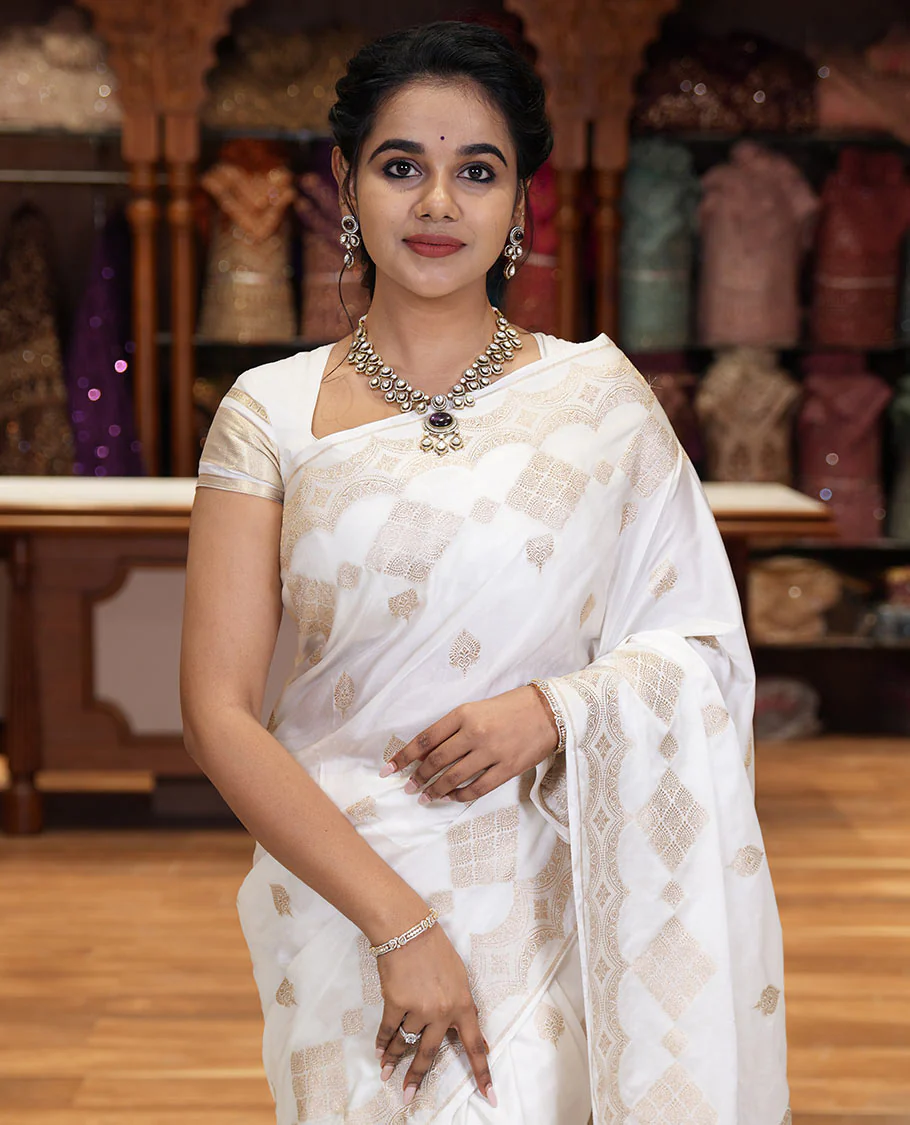 Borderless white zari buttas and diamond buttas mushru silk saree, intricately designed pallu, and a matching blouse - Image 3