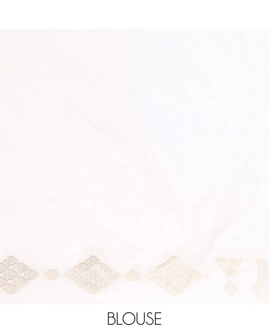 Borderless white zari buttas and diamond buttas mushru silk saree, intricately designed pallu, and a matching blouse - Image 7