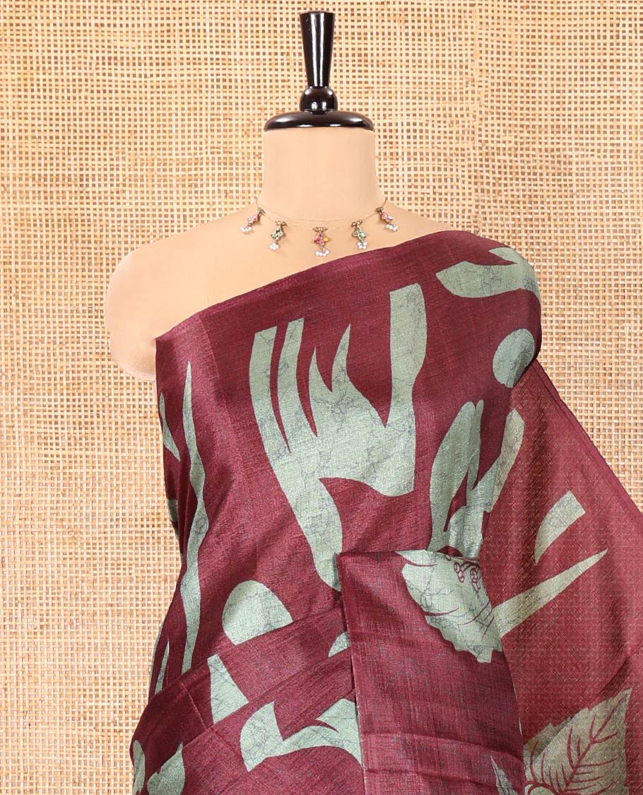 Borderless Wine Art Khadi Mul Cotton Saree, Embellished with Batik Vines Print On Its Body, Pallu Features Hibiscus Flower Printed , and Comes with a Printed Blouse - Image 2