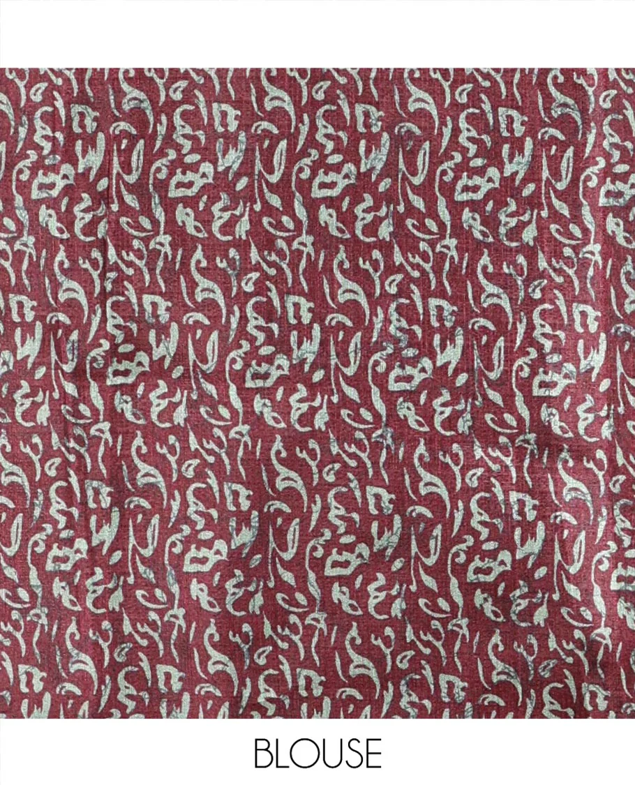 Borderless Wine Art Khadi Mul Cotton Saree, Embellished with Batik Vines Print On Its Body, Pallu Features Hibiscus Flower Printed , and Comes with a Printed Blouse - Image 3
