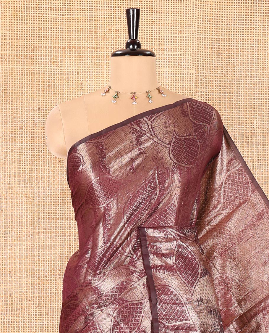 Borderless Wine Fancy Matka Silk Saree, Enriched with Gleaming Zari Weave and Leaf Jacquard Designs, Rich Pallu of Chevron Stripes, and Paired with a Matching Jacquard Blouse - Image 2