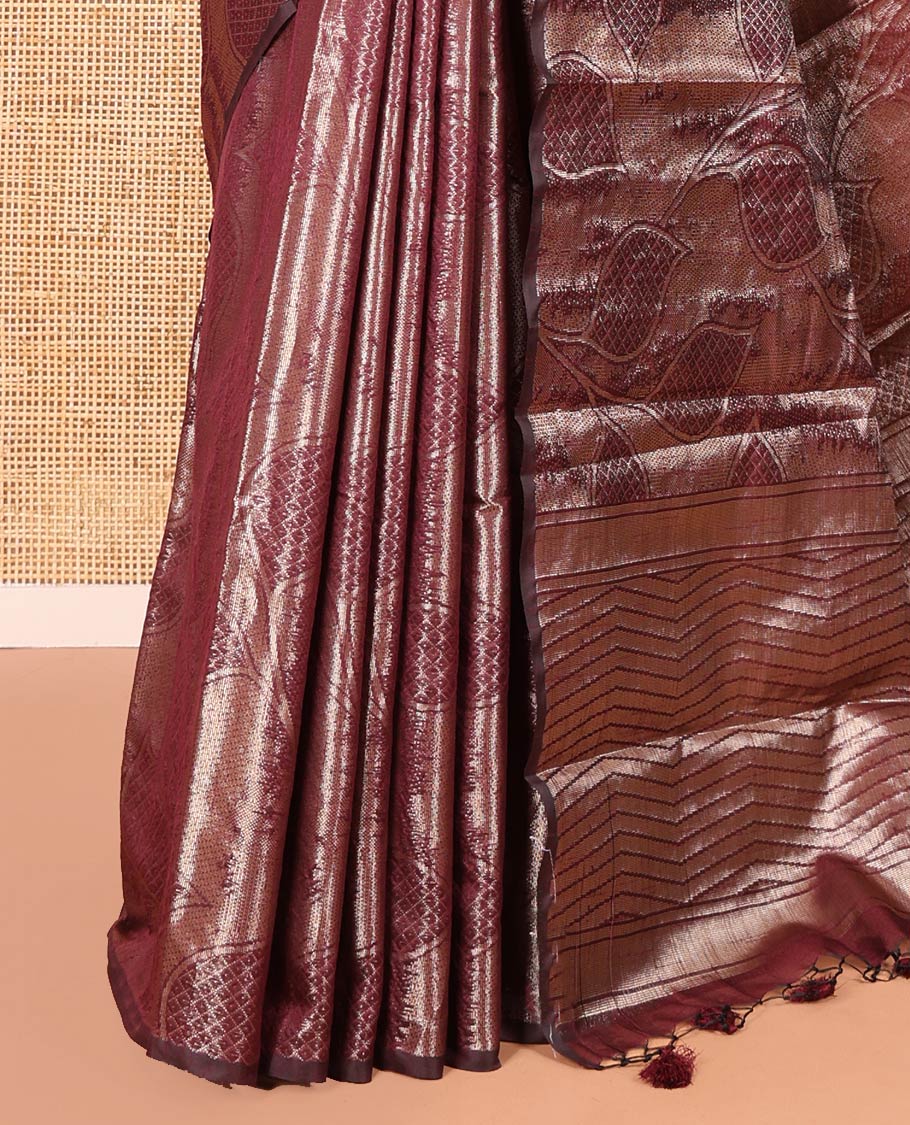 Borderless Wine Fancy Matka Silk Saree, Enriched with Gleaming Zari Weave and Leaf Jacquard Designs, Rich Pallu of Chevron Stripes, and Paired with a Matching Jacquard Blouse - Image 3