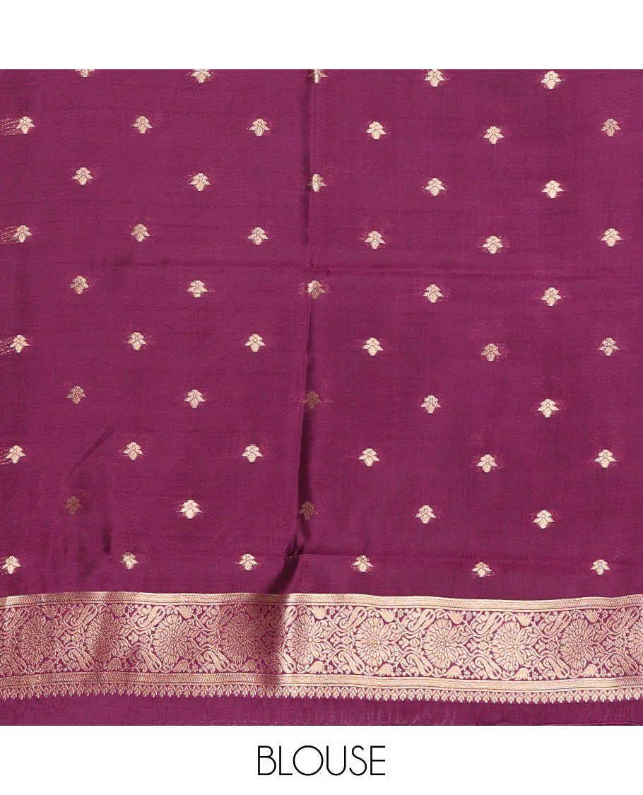 Borderless wine floral and elephant buttas zari woven kanchi silk saree, intricate pallu, and matching zari design blouse - Image 4