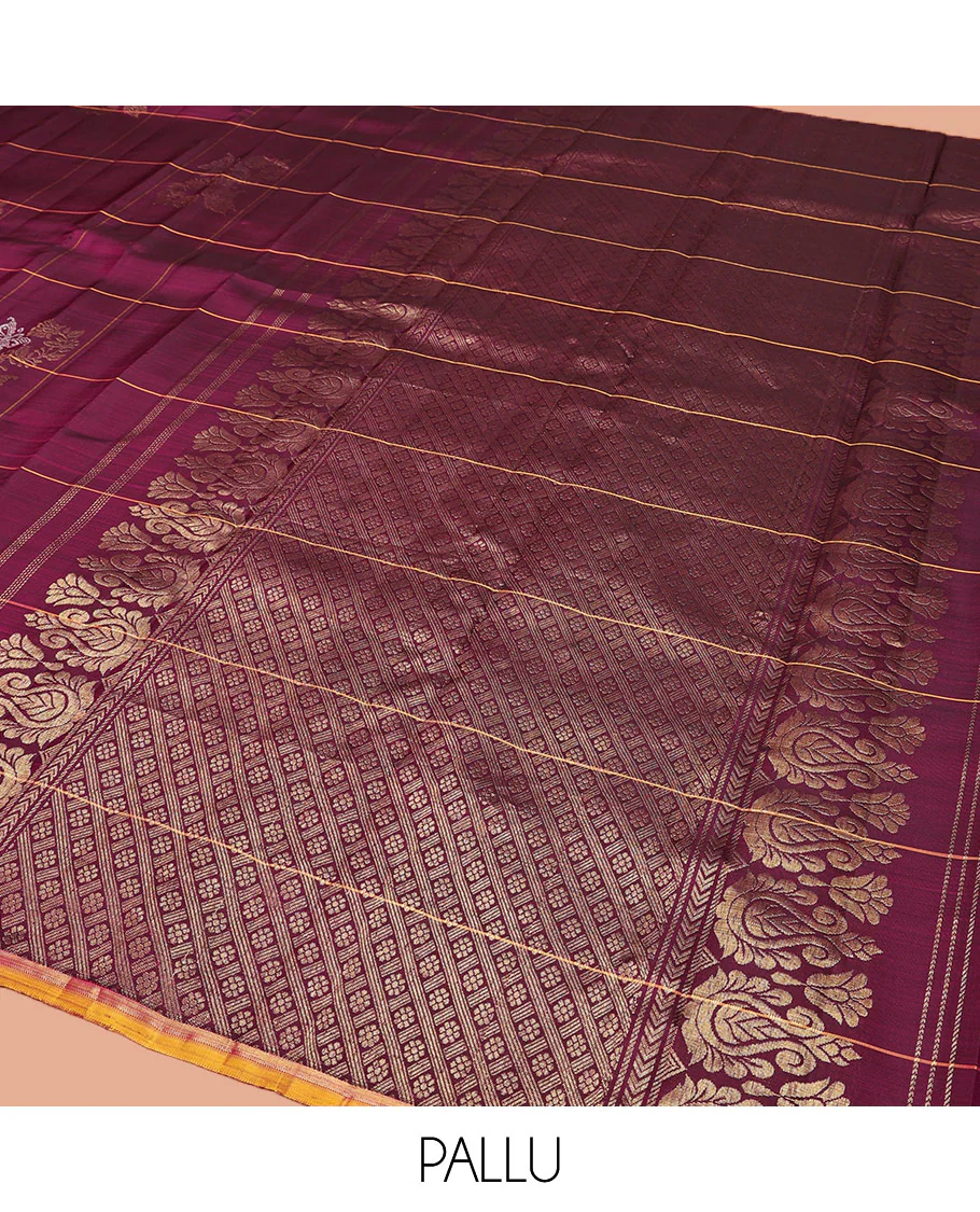 Borderless Wine Kanchipuram Silk Saree, Meticulously Crafted with Zari Buttas Enclosed Checks, Complemented by a Contrast Pallu Steeped with Kamalam Designs, and Paired with a Matching Blouse - Image 5