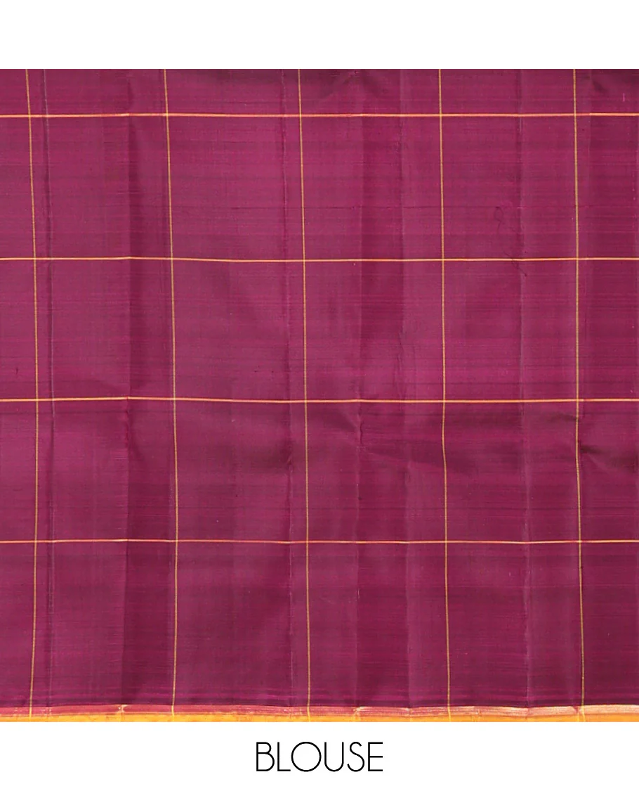 Borderless Wine Kanchipuram Silk Saree, Meticulously Crafted with Zari Buttas Enclosed Checks, Complemented by a Contrast Pallu Steeped with Kamalam Designs, and Paired with a Matching Blouse - Image 6