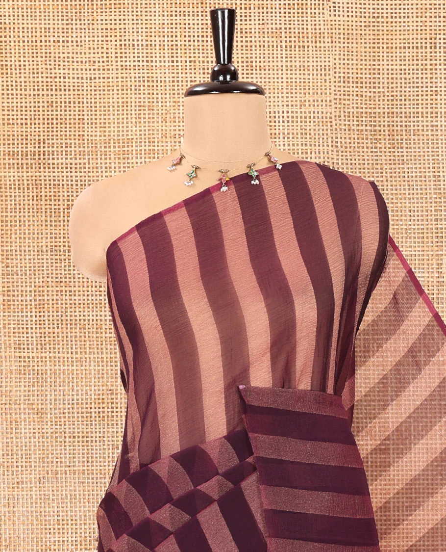 Borderless Wine Light Weight Chiffon Saree, Prettified with Vertical Stripes All Over Its Body, Subtle Self-Pallu, and Paired with a Matching Blouse - Image 2