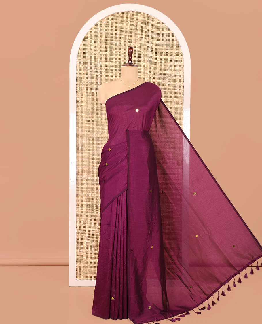 Borderless Wine Vichitra Silk Saree, Gleamed Up with Sequin Work on Its Body, Highlighted by a Self-Pallu of Sequin Work, and Paired with a Matching Blouse