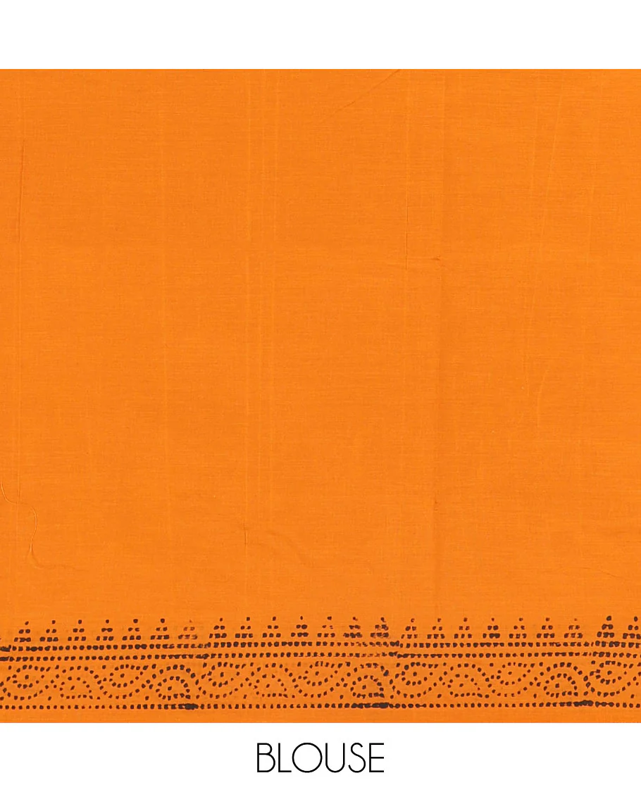 Borderless yellow kolam and kathakali motifs printed South cotton saree with a matching blouse, and a contrast floral vine printed blouse - Image 5