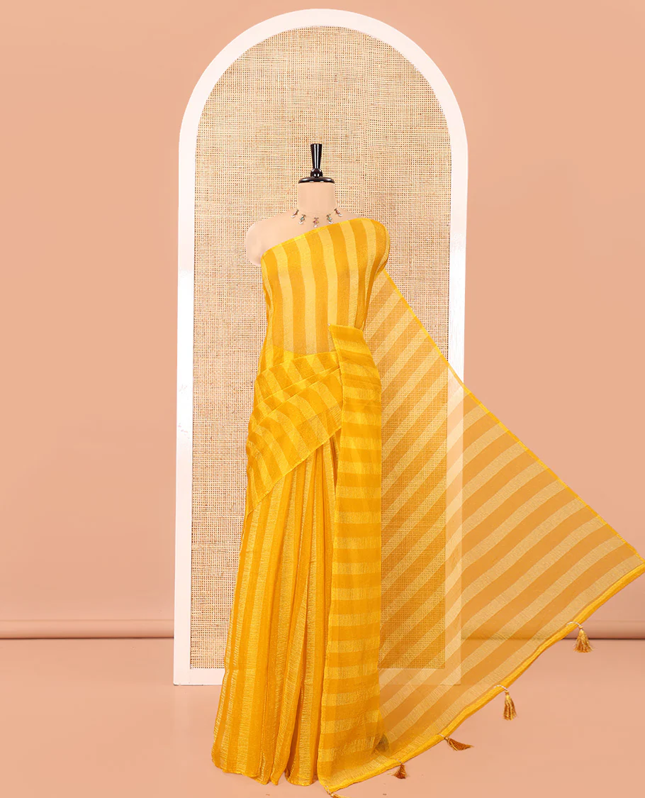 Borderless Yellow Light Weight Chiffon Saree, Finely Printed with Vertical Stripes All Over Its Body, Subtle Self-Pallu, and Paired with a Matching Blouse