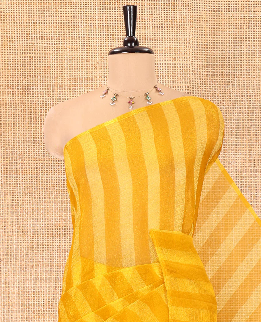 Borderless Yellow Light Weight Chiffon Saree, Finely Printed with Vertical Stripes All Over Its Body, Subtle Self-Pallu, and Paired with a Matching Blouse - Image 2