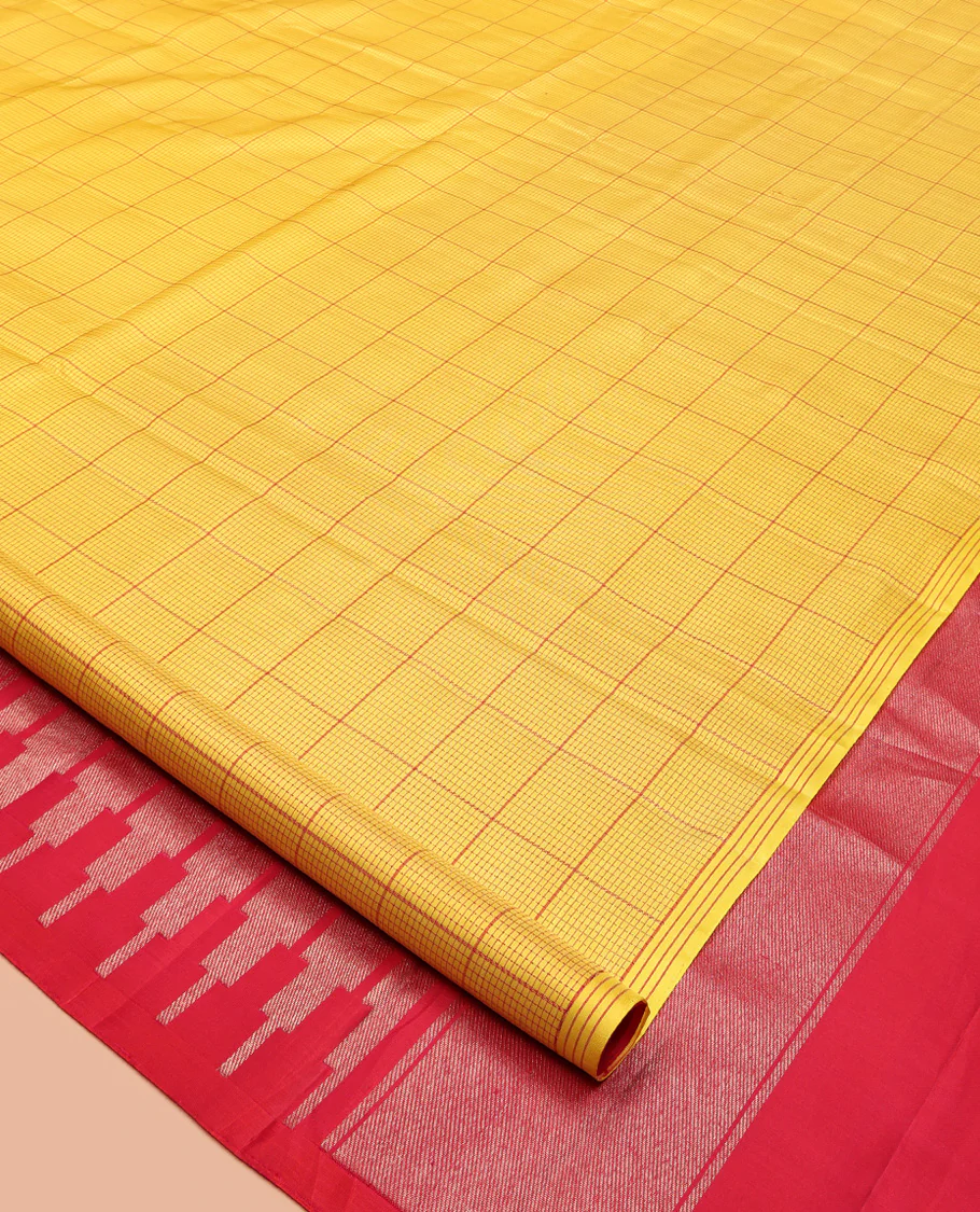 Borderless Yellow Mayuri Soft Silk Saree, Statement with Bold Checked Design On Its Body, Complemented by Contrast Temple Zari Woven Pallu and Paired with a Contrast Blouse - Image 2