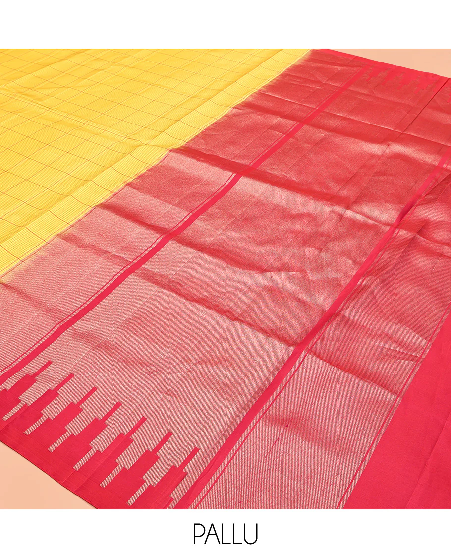 Borderless Yellow Mayuri Soft Silk Saree, Statement with Bold Checked Design On Its Body, Complemented by Contrast Temple Zari Woven Pallu and Paired with a Contrast Blouse - Image 5