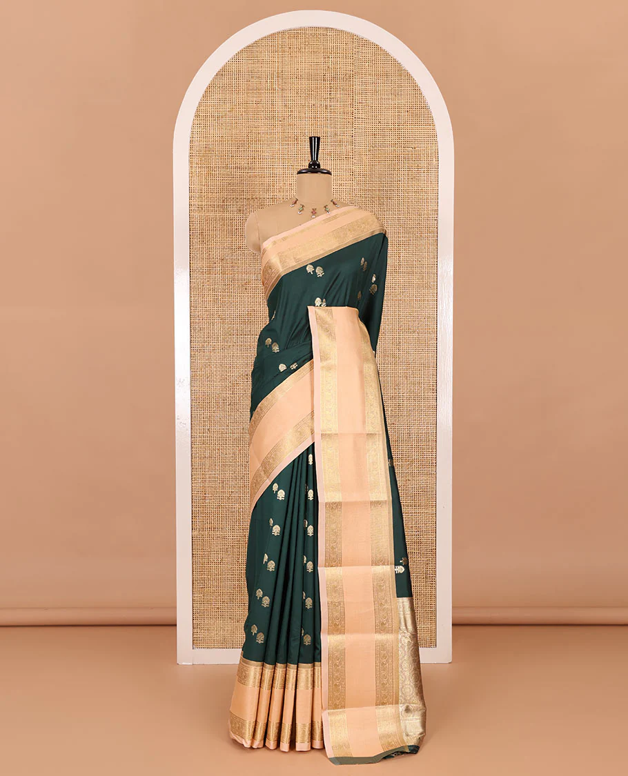 Bottle green buttas soft silk saree , contrast peacock and mango zari weaving border , contrast weaving rich pallu and contrast Blouse - Image 2