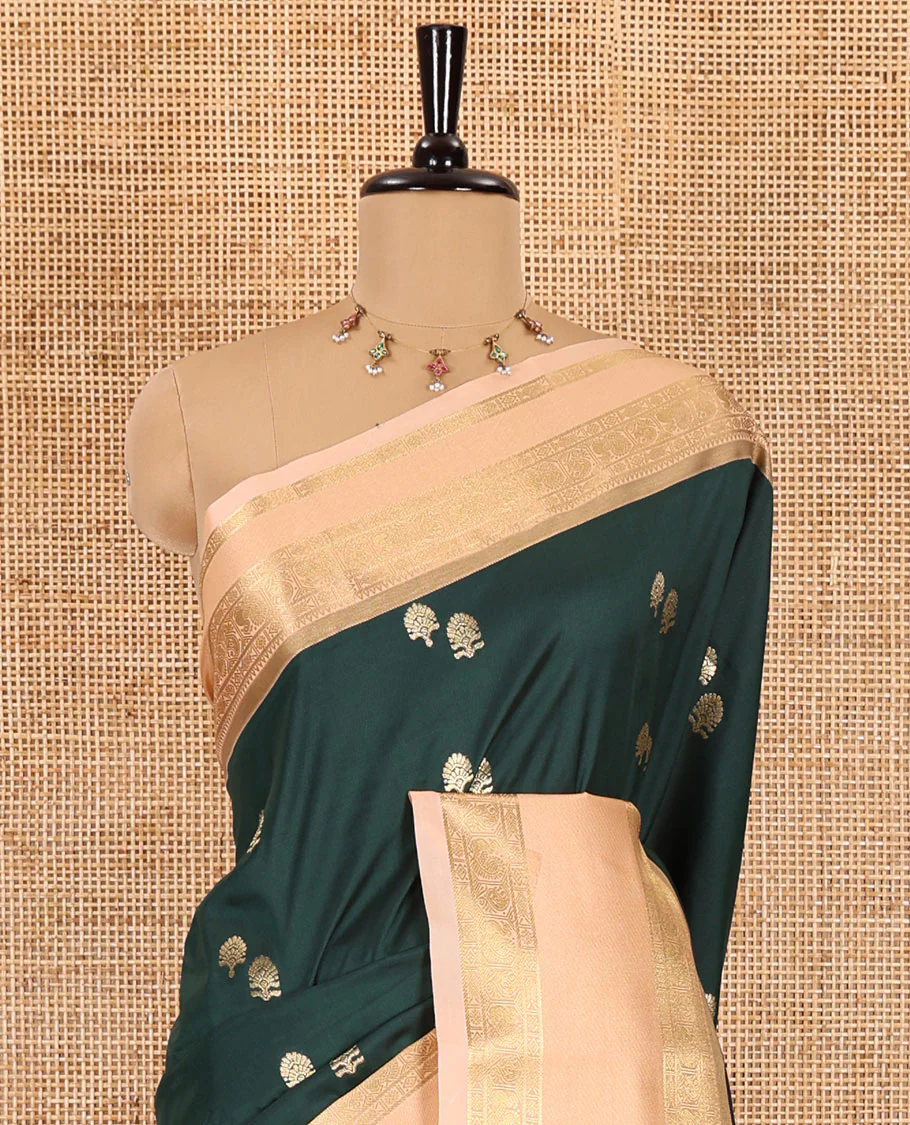 Bottle green buttas soft silk saree , contrast peacock and mango zari weaving border , contrast weaving rich pallu and contrast Blouse - Image 3